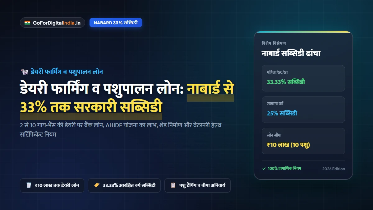 डेयरी फार्मिंग व पशुपालन लोन 2026: नाबार्ड (NABARD) से 33.33% सरकारी सब्सिडी, गाय-भैंस खरीदने और शेड निर्माण के नियम