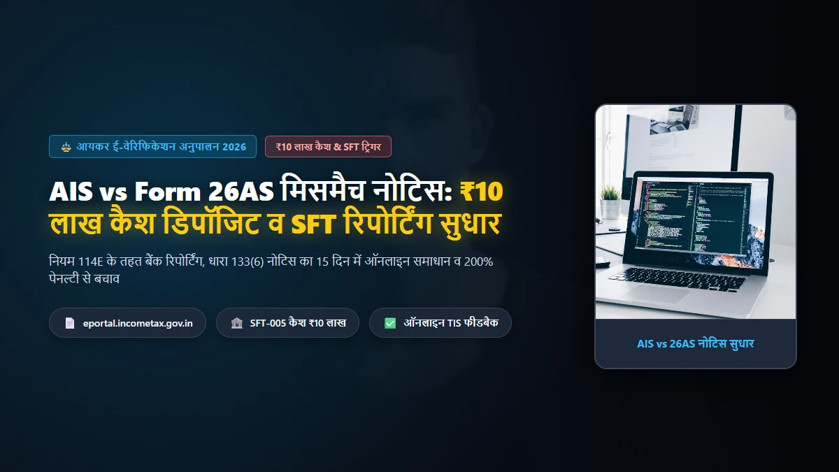 इनकम टैक्स AIS vs Form 26AS मिसमैच नोटिस: SFT हाई-वैल्यू ट्रांजैक्शन, ₹10 लाख कैश डिपॉजिट व ऑनलाइन सुधार