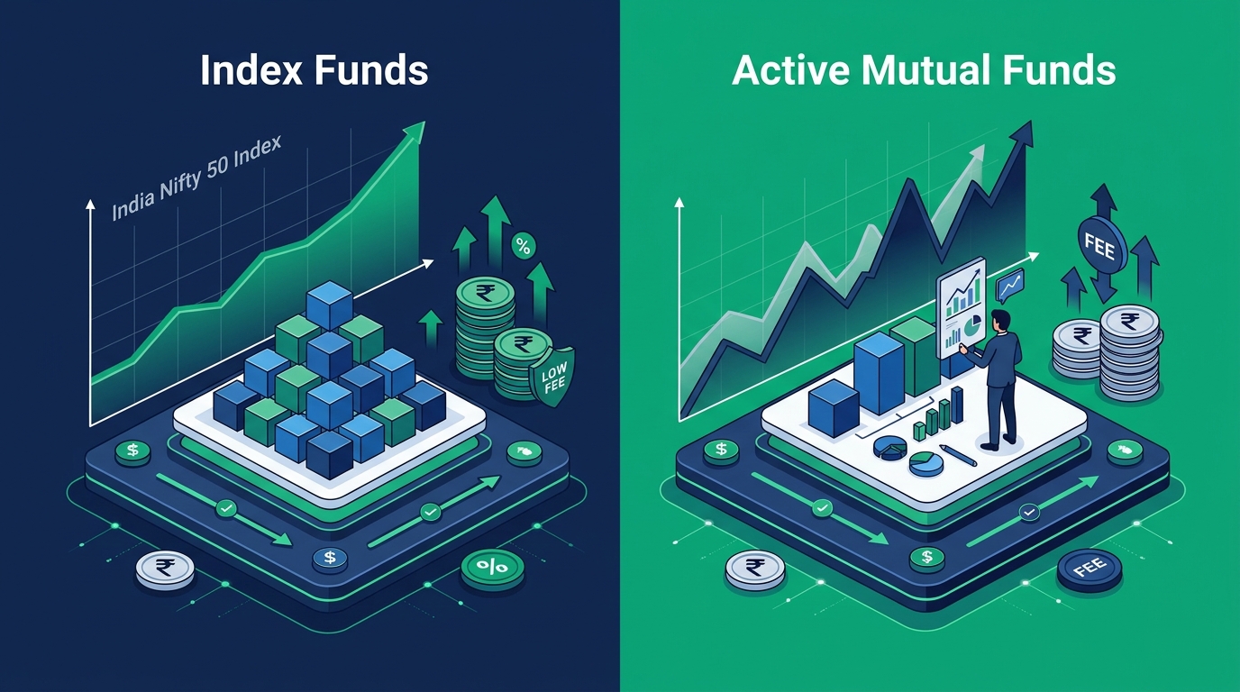 इंडेक्स फंड क्या है और एक्टिव म्यूचुअल फंड से कैसे अलग है: Nifty 50 Index Fund vs Active Funds, एक्सपेंस रेशियो, ट्रैकिंग एरर और रिटर्न की पूरी तुलना