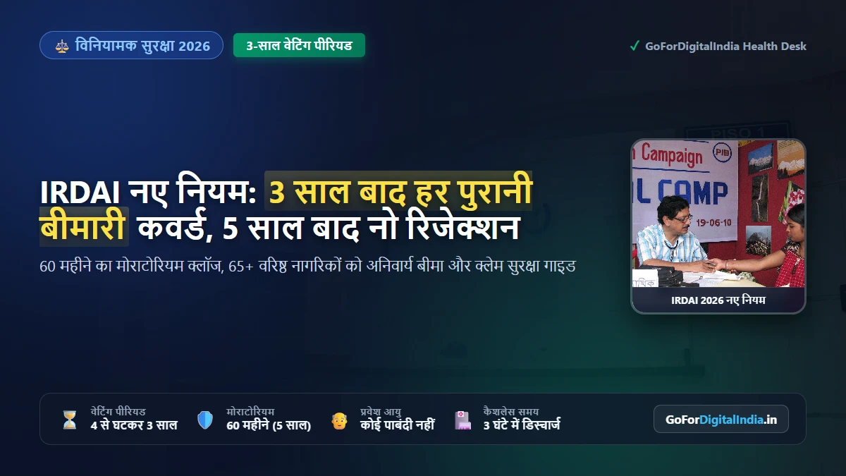 IRDAI नए हेल्थ इंश्योरेंस नियम 2026: 3 साल का वेटिंग पीरियड, 60 महीने का मोराटोरियम और क्लेम रिजेक्शन सुरक्षा