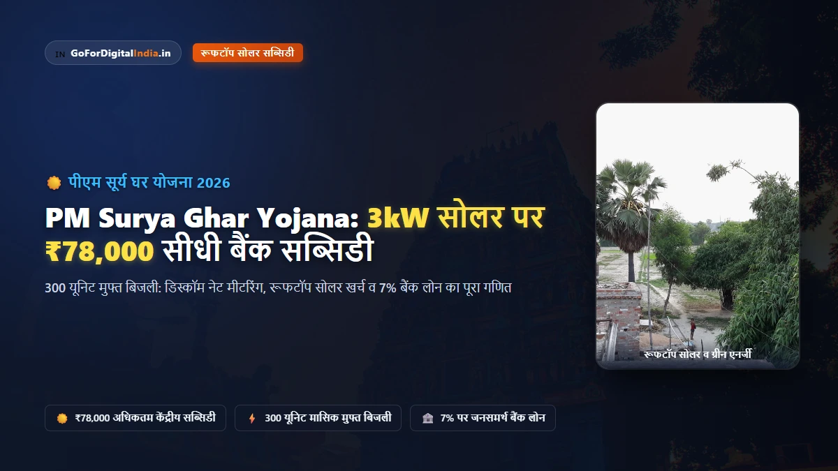 PM Surya Ghar Muft Bijli Yojana: 3kW सोलर पैनल पर ₹78,000 की सब्सिडी, DISCOM नेट मीटरिंग व आवेदन गाइड