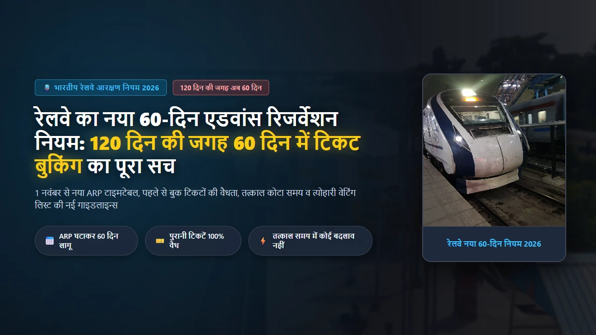 रेलवे का नया 60-दिन एडवांस रिजर्वेशन (ARP) नियम 2026: 120 दिन की जगह 60 दिन में टिकट बुकिंग, तत्काल नियम और पुरानी टिकटों पर असर